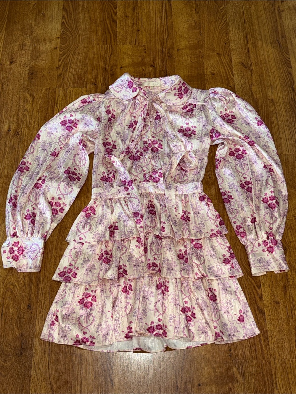 LoveShackFancy Pink and White Floral Tiered Mini Dress